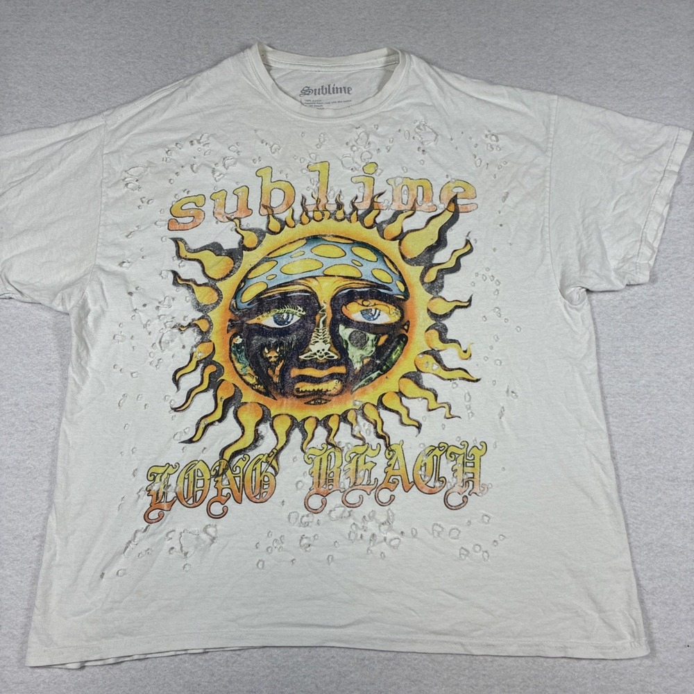 Sublime Distressed Long Beach Trippy Sun Face Vintage Style Short Sleeve Shirt - Picture 1 of 10
